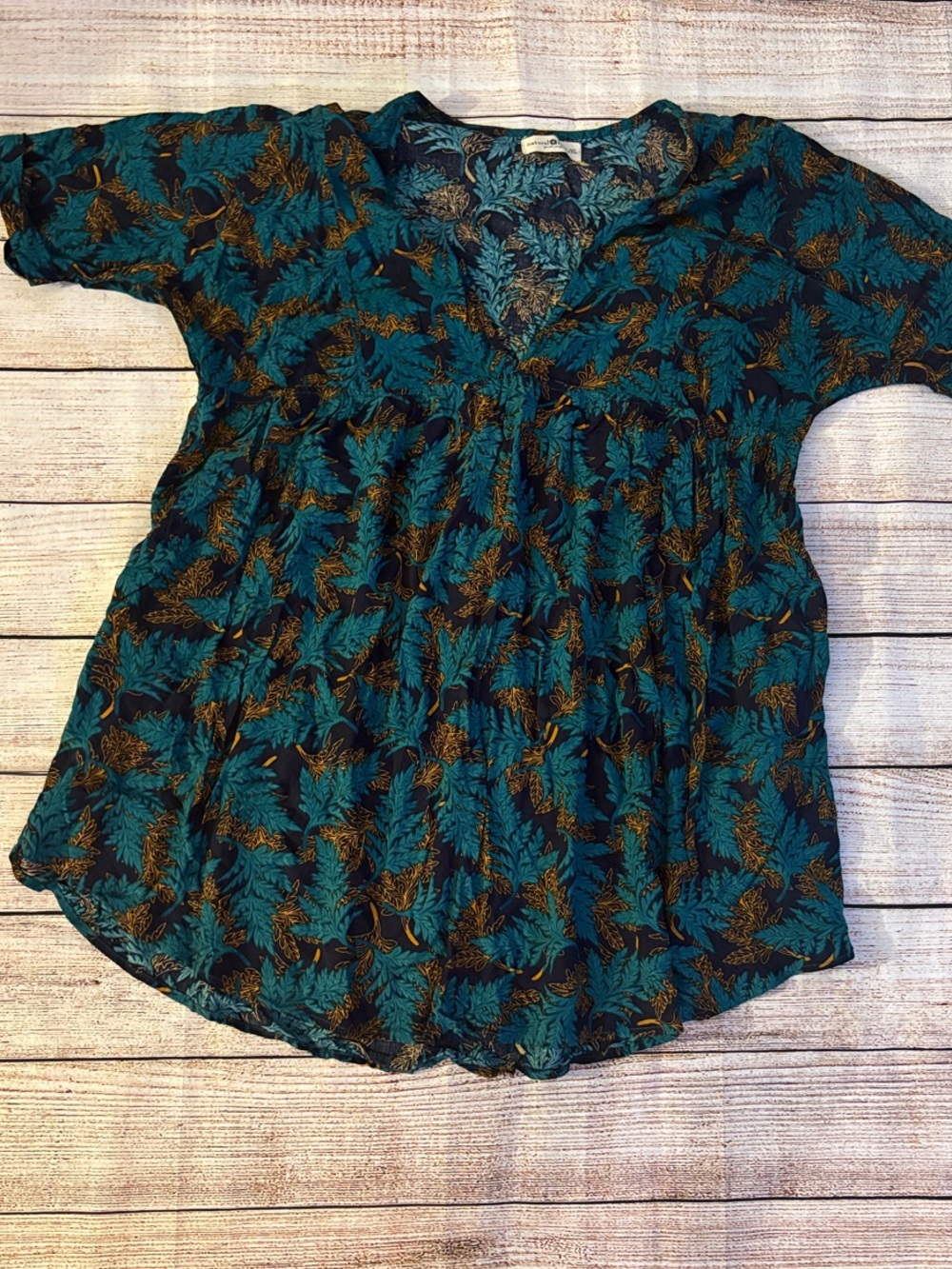 NATURAL LIFE Teal and Gold Leaf-Print V-Neck Dress